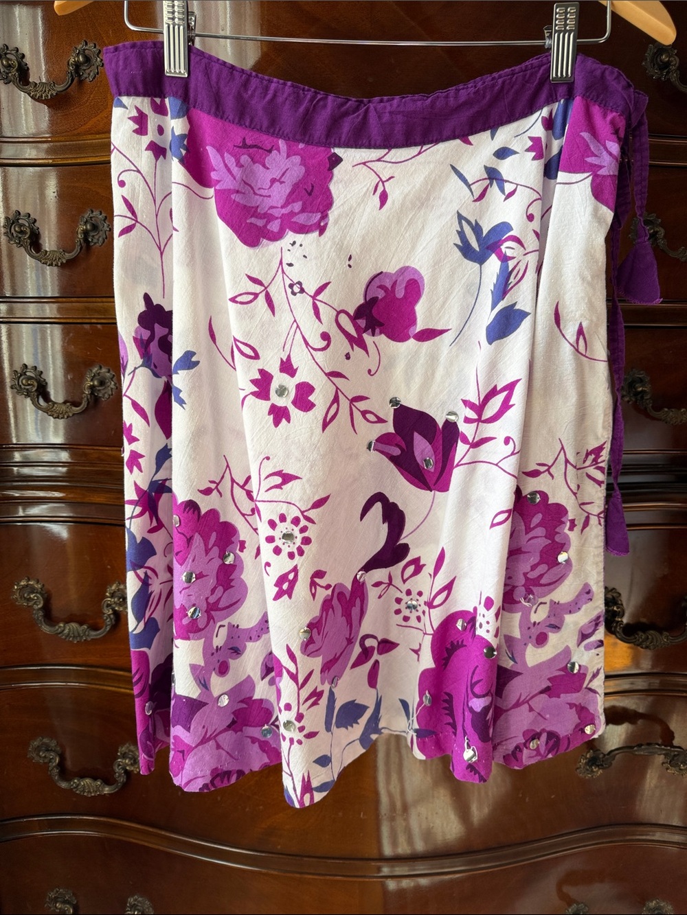 Vibrant purple floral circular skirt 100% cotton. Made in India